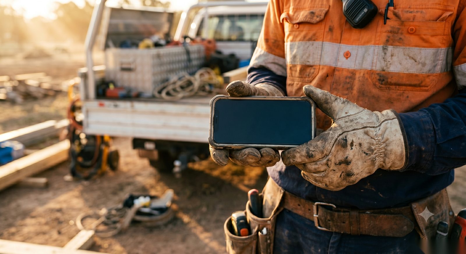 A tradie on a job site holding a phone, ute tray in the background